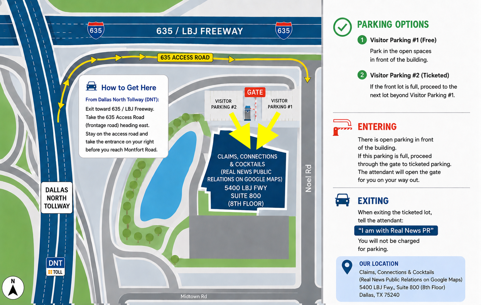 Parking map: Tower 1 Lincoln Center, 5400 LBJ Fwy — visitor parking, gate, and building entrance